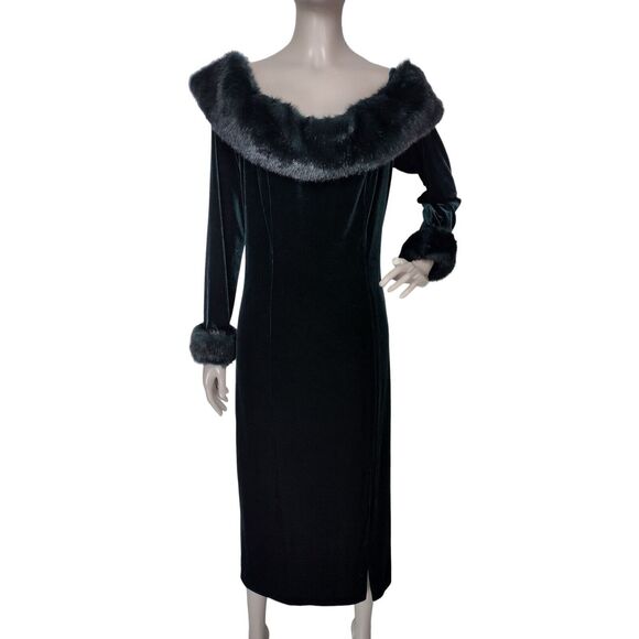 Vintage 80s 90s Aspeed Green Velvet Faux Fur Volump Bombshell Party Dress NEW - Picture 6 of 9